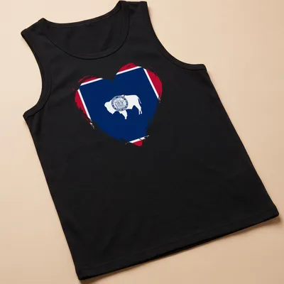 Distressed graphic of a bison inside a heart, inspired by the Wyoming flag — printed on a tank top