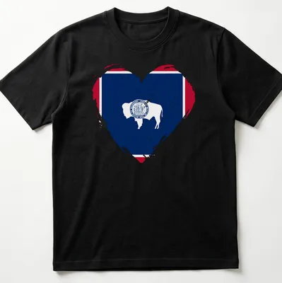 Distressed graphic of a bison inside a heart, inspired by the Wyoming flag