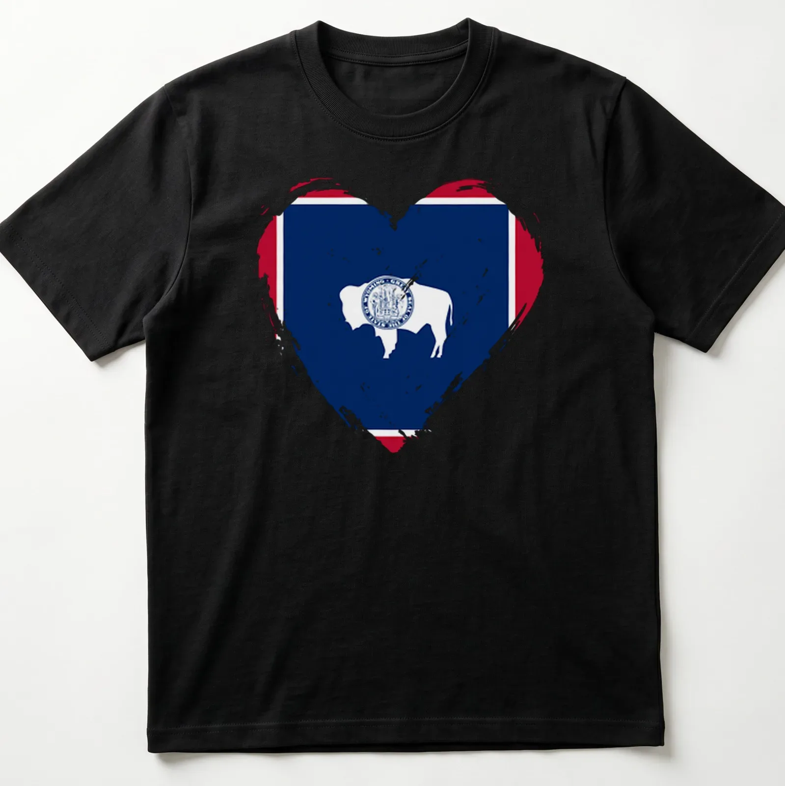 Distressed graphic of a bison inside a heart, inspired by the Wyoming flag — printed on a unisex t-shirt