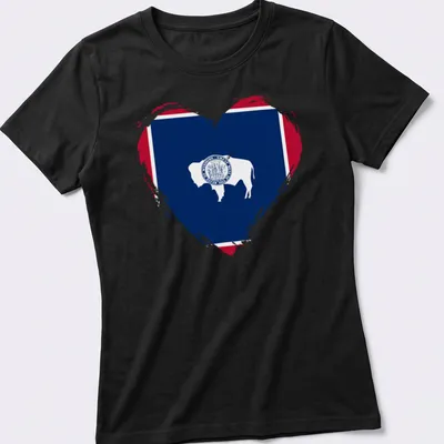 Distressed graphic of a bison inside a heart, inspired by the Wyoming flag — printed on a women's shirt