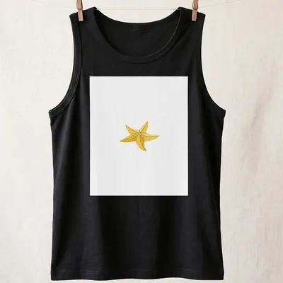 Simple illustration of a yellow starfish on a white background — printed on a tank top