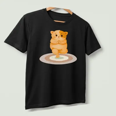 Kawaii style t-shirt featuring a cute cat in a yoga pose with colorful accents. — printed on a unisex t-shirt (angled view)