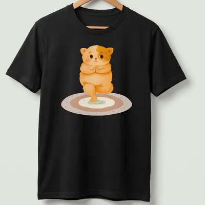 Kawaii style t-shirt featuring a cute cat in a yoga pose with colorful accents.