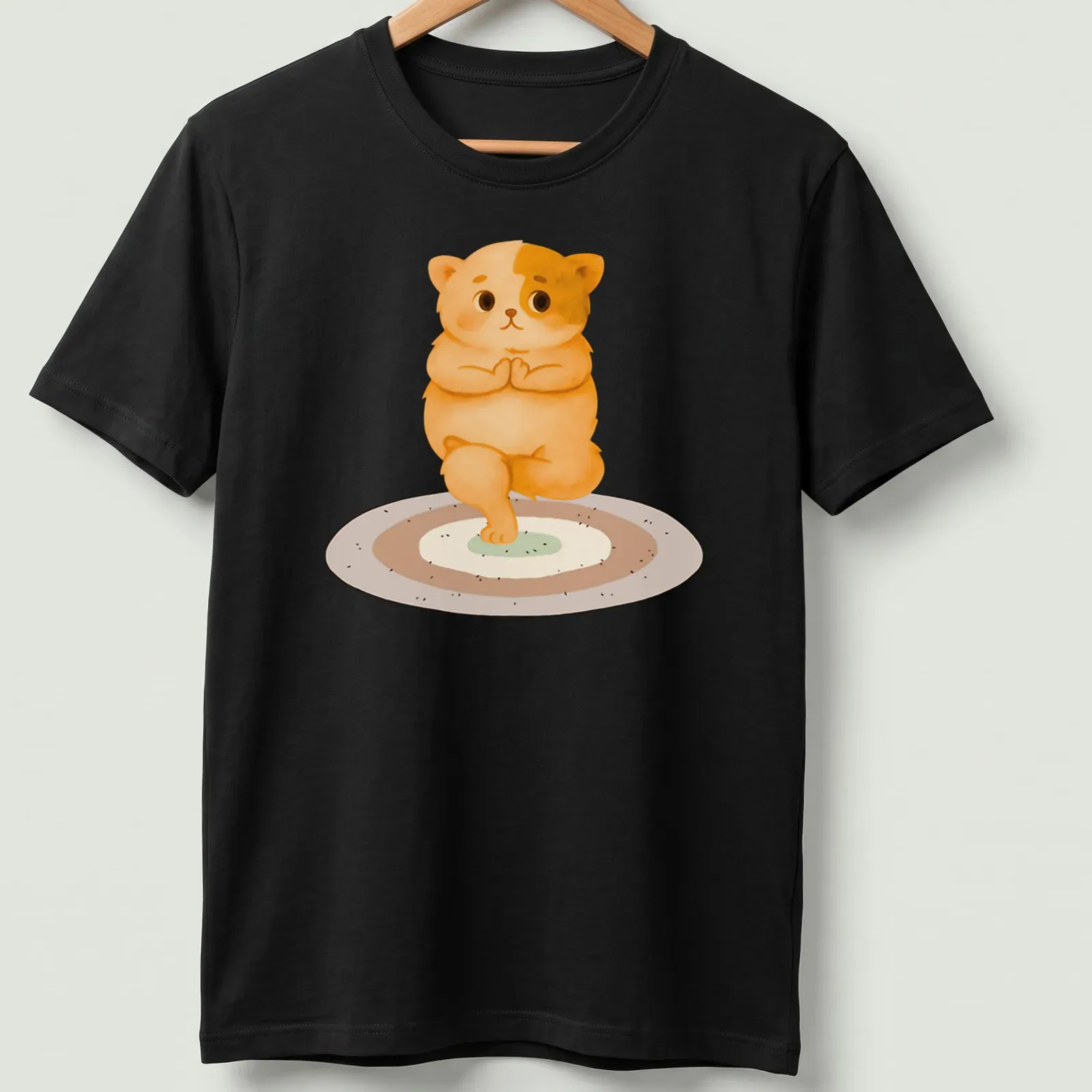 Kawaii style t-shirt featuring a cute cat in a yoga pose with colorful accents. — printed on a unisex t-shirt