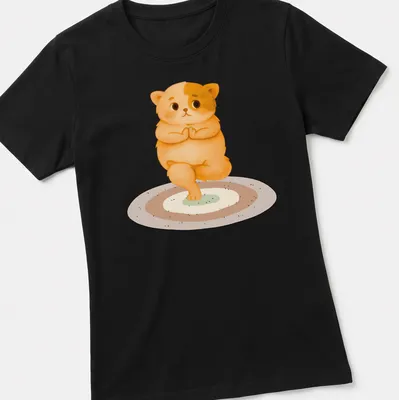 Kawaii style t-shirt featuring a cute cat in a yoga pose with colorful accents. — printed on a women's shirt