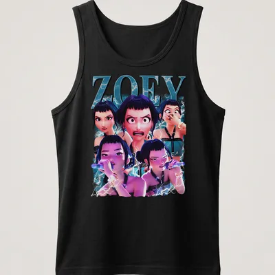 3D animated collage shirt featuring Zoey with lightning effects in blue and purple — printed on a tank top