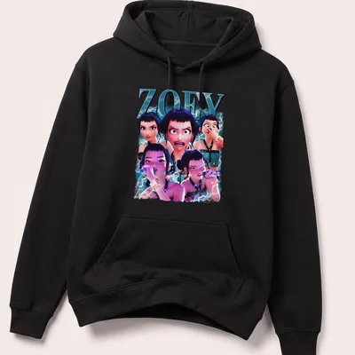 3D animated collage shirt featuring Zoey with lightning effects in blue and purple — printed on a unisex hoodie