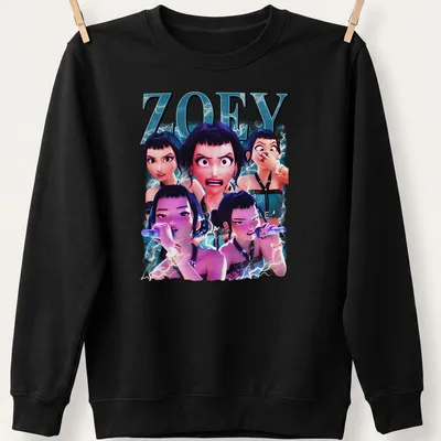 3D animated collage shirt featuring Zoey with lightning effects in blue and purple — printed on a unisex sweatshirt