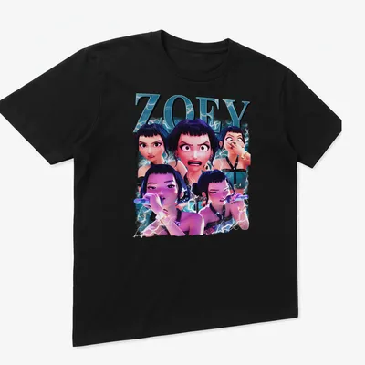 3D animated collage shirt featuring Zoey with lightning effects in blue and purple — printed on a unisex t-shirt (angled view)