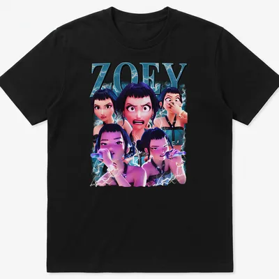 3D animated collage shirt featuring Zoey with lightning effects in blue and purple