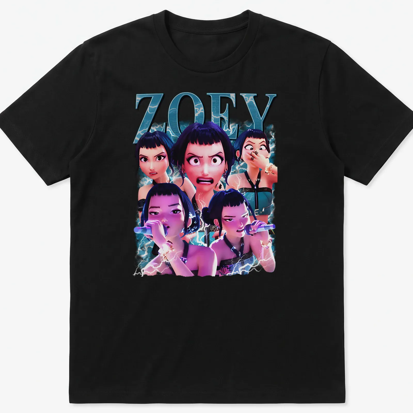 3D animated collage shirt featuring Zoey with lightning effects in blue and purple — printed on a unisex t-shirt