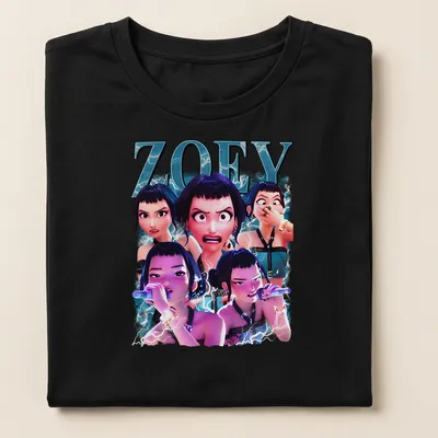3D animated collage shirt featuring Zoey with lightning effects in blue and purple — printed on a women's shirt