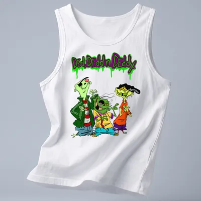 Colorful cartoon print of three zombies with text "Ded, Dedd n Deddy" above them — printed on a tank top