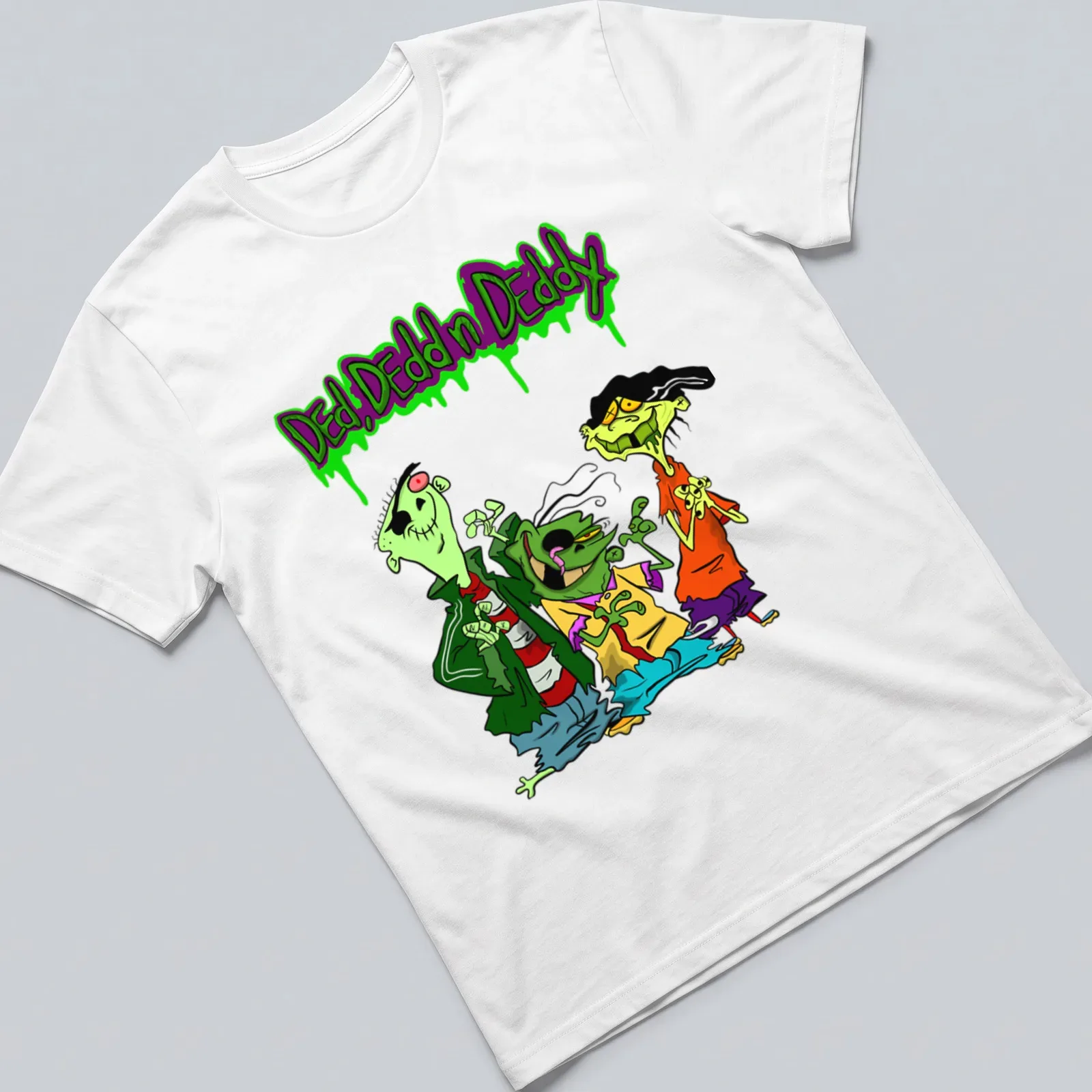 Colorful cartoon print of three zombies with text "Ded, Dedd n Deddy" above them — printed on a unisex t-shirt