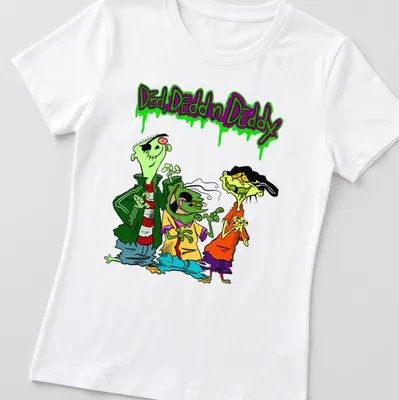 Colorful cartoon print of three zombies with text "Ded, Dedd n Deddy" above them — printed on a women's shirt