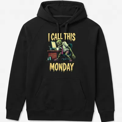 Comic style t-shirt featuring a zombie office worker with the text 'I CALL THIS MONDAY' — printed on a unisex hoodie