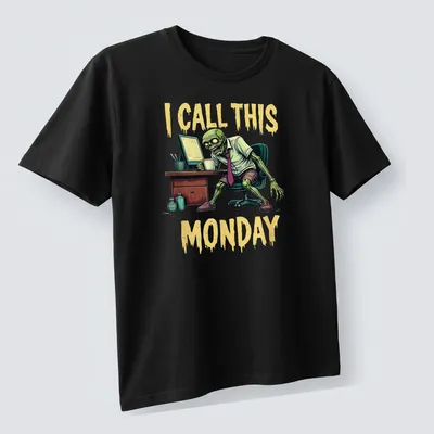 Comic style t-shirt featuring a zombie office worker with the text 'I CALL THIS MONDAY' — printed on a unisex t-shirt (angled view)