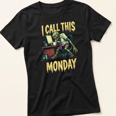 Comic style t-shirt featuring a zombie office worker with the text 'I CALL THIS MONDAY' — printed on a women's shirt